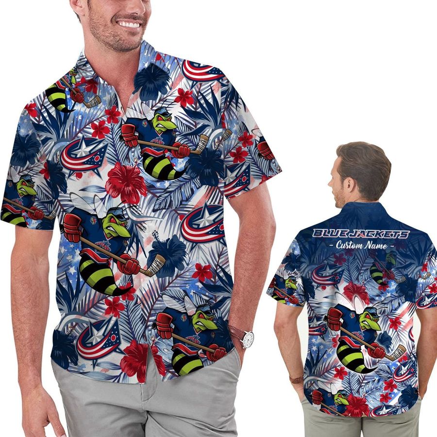 Funny Columbus Blue Jackets Tropical Floral America Flag Custom Name Personalized Men Women Aloha Hawaiian Shirt Short For Hockey Lovers