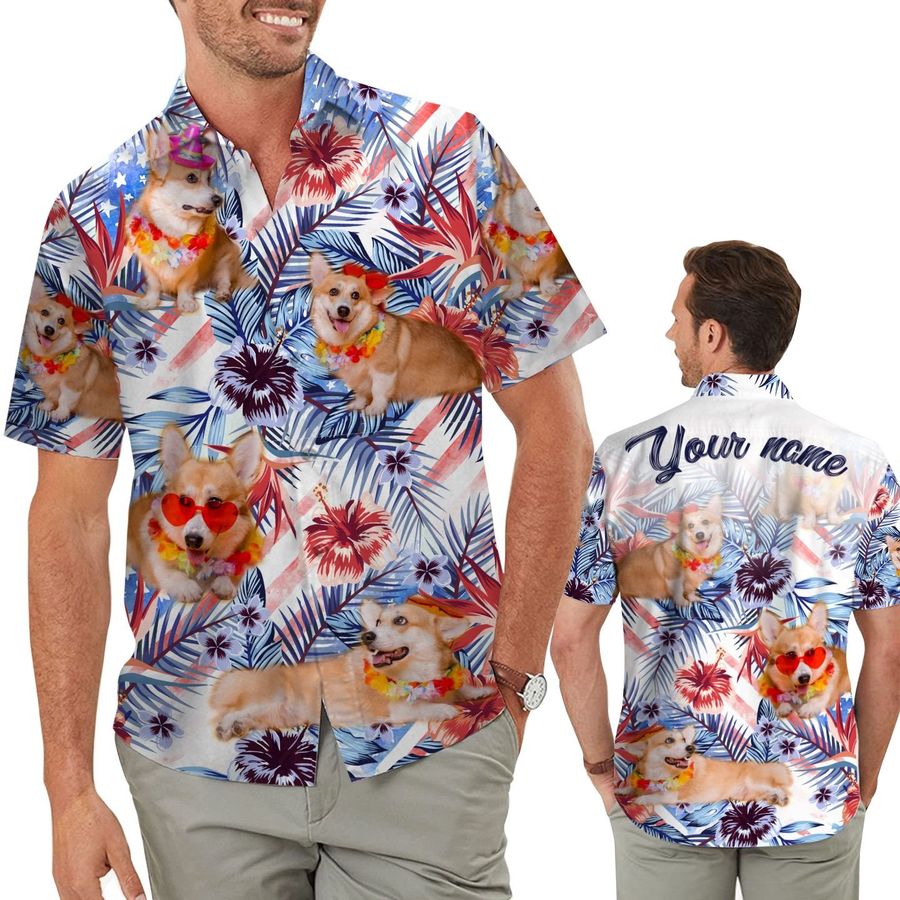 Funny Corgi Tropical Floral America Flag Custom Name Personalized Men Aloha Button Up Hawaiian Shirt For Dog Lovers