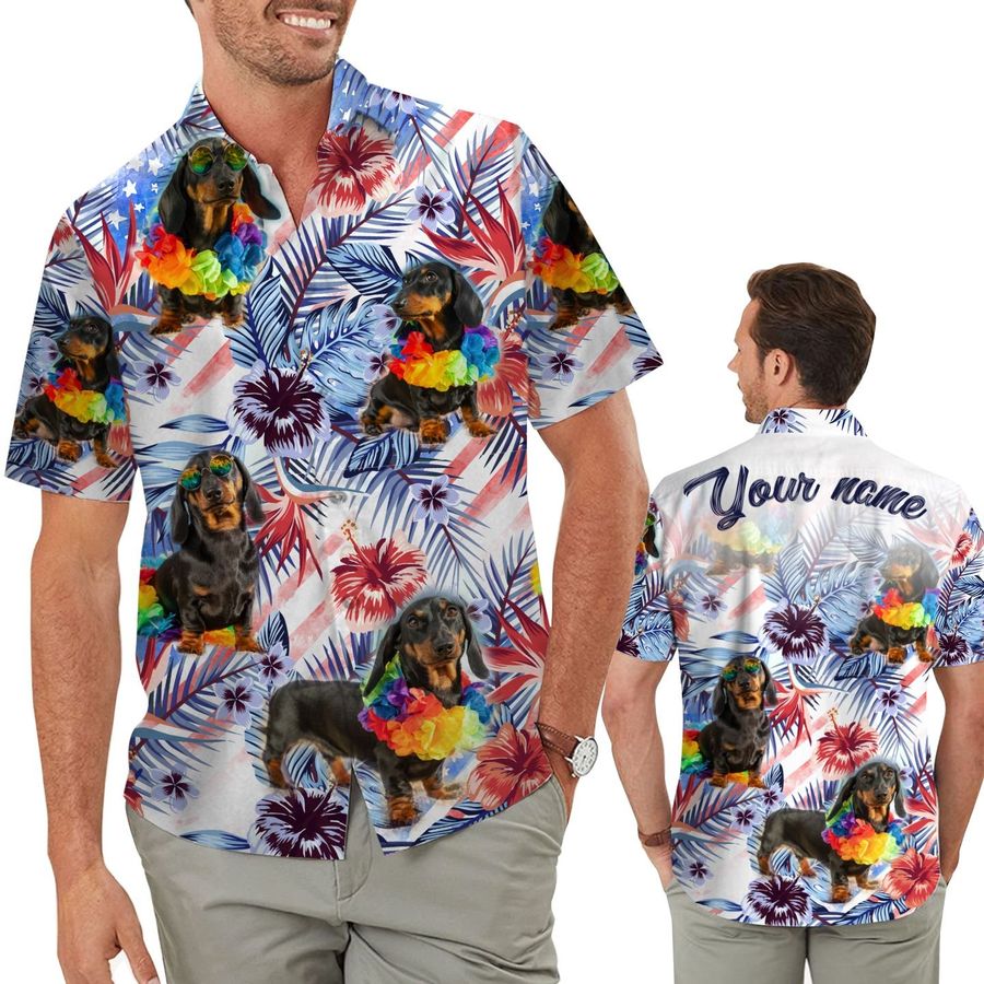 Funny Dachshund Tropical Floral America Flag Custom Name Personalized Men Aloha Button Up Hawaiian Shirt For Dog Lovers