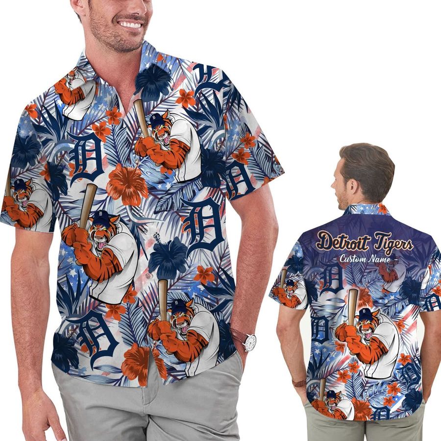 Funny Detroit Tigers Tropical Floral America Flag Custom Name Personalized Men Women Aloha Hawaiian Shirt Short For Football Lovers