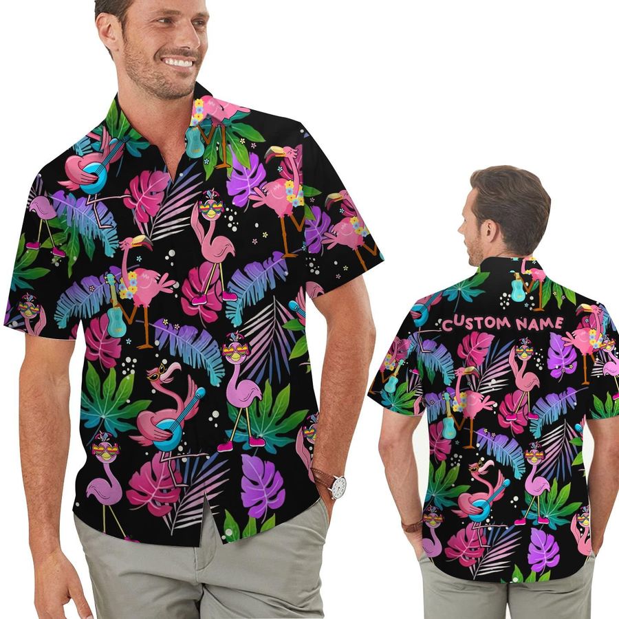 Funny Flamingo Tropical Floral Custom Name Men Aloha Hawaiian Button Up Shirt For Bird Animal Lovers On Beach Summer Vacation