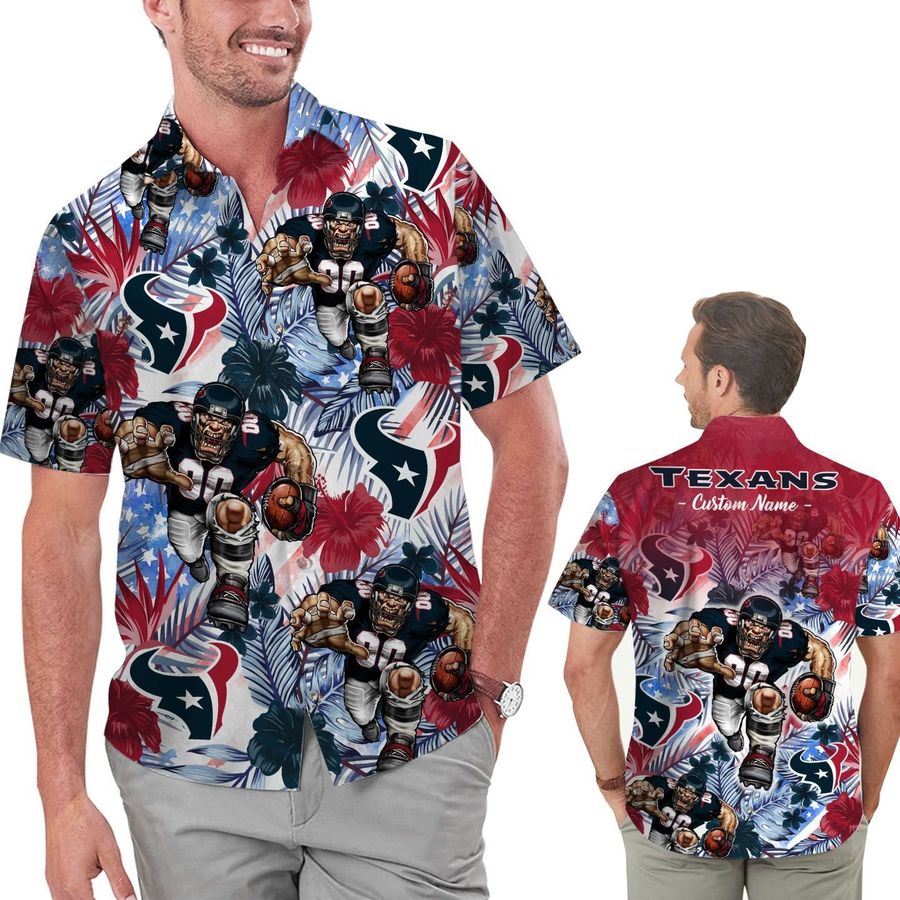 Funny Houston Texans Tropical Floral America Flag Custom Name Personalized Men Women Aloha Hawaiian Shirt Short For Football Lovers