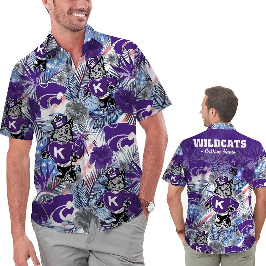 Funny Kansas State Wildcats Tropical Floral America Flag Custom Name Personalized Men Women Aloha Hawaiian Shirt Short For Football Lovers Kansas State University Wildcats
