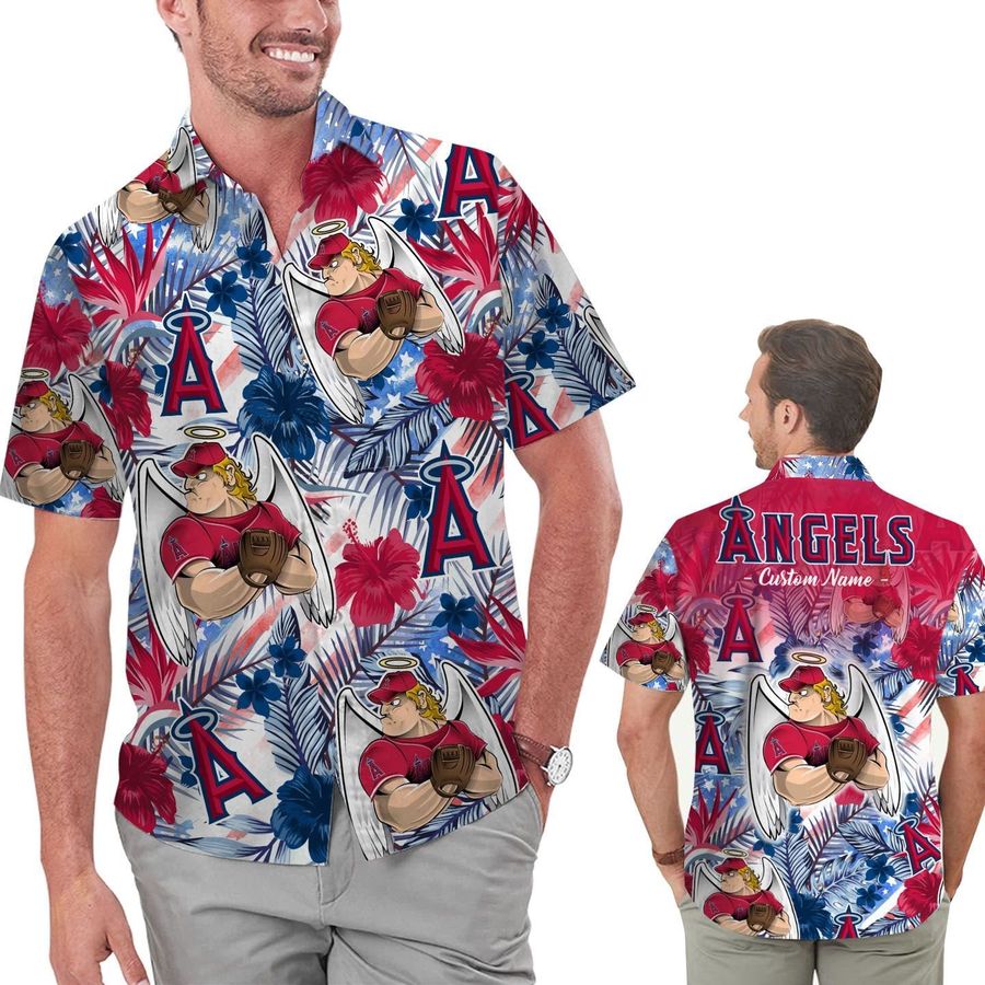 Funny Los Angeles Angels Tropical Floral America Flag Custom Name Personalized Men Women Aloha Hawaiian Shirt Short For Football Lovers