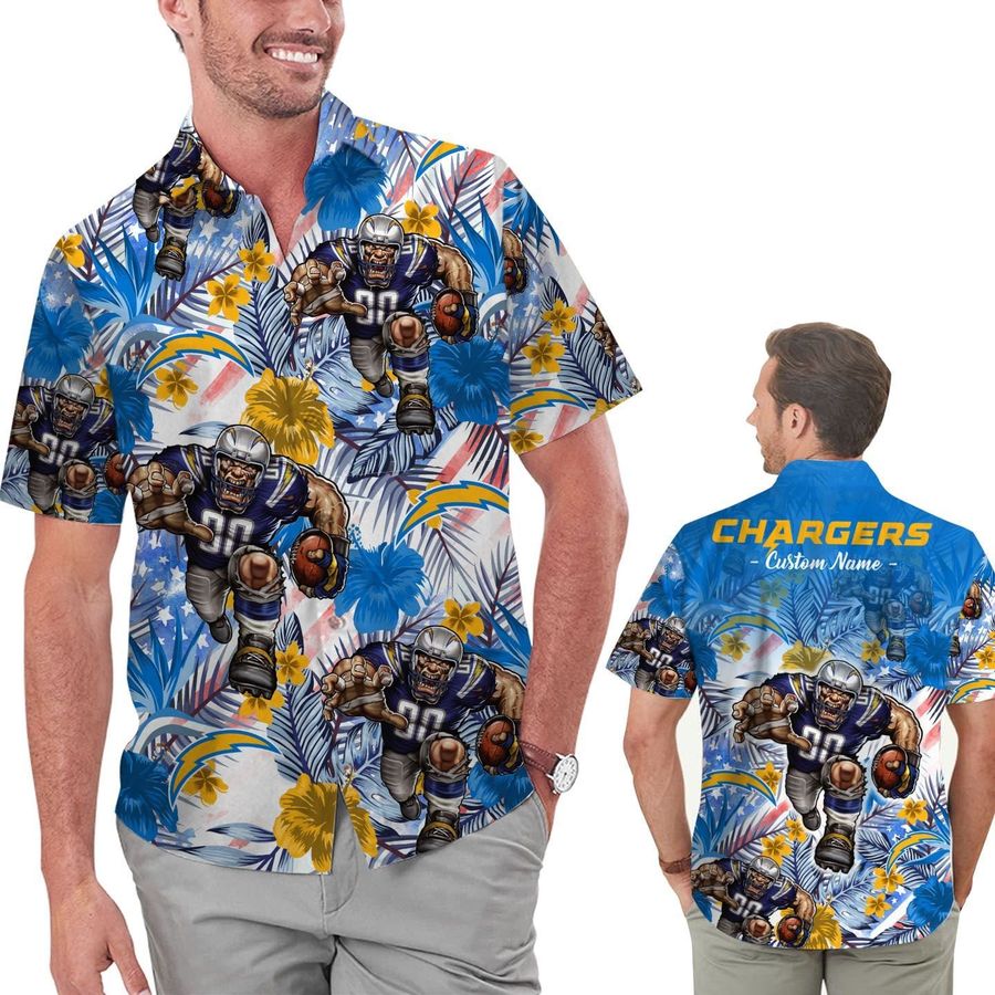 Funny Los Angeles Chargers Tropical Floral America Flag Custom Name Personalized Men Women Aloha Hawaiian Shirt Short For Football Lovers