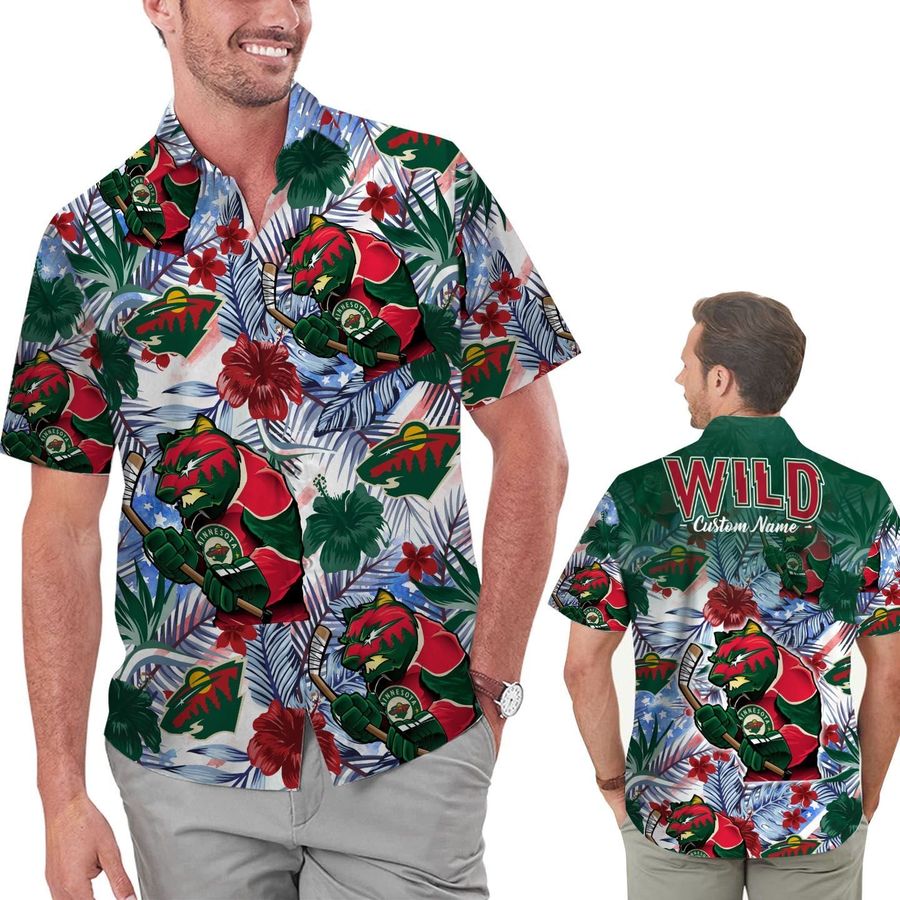 Funny Minnesota Wild Tropical Floral America Flag Custom Name Personalized Men Women Aloha Hawaiian Shirt Short For Hockey Lovers