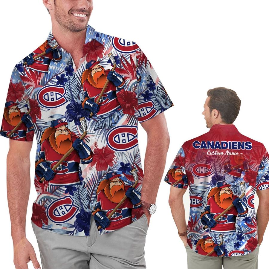 Funny Montreal Canadiens Tropical Floral America Flag Custom Name Personalized Men Women Aloha Hawaiian Shirt Short For Hockey Lovers
