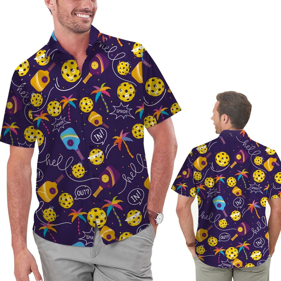 Funny Pickleball Symbol Cocconut Tree Men Button Up Hawaiian Shirt For Pickleball Players Soprty Lovers On The Beach Summer