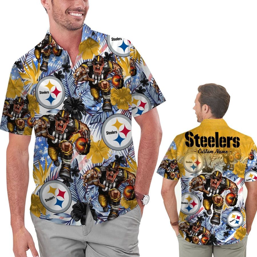 Funny Pittsburgh Steelers Tropical Floral America Flag Custom Name Personalized Men Women Aloha Hawaiian Shirt Short For Football Lovers