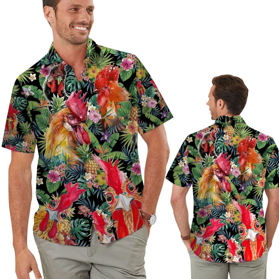 Funny Roosters Tropical Flowers Men Hawaiian Shirt
