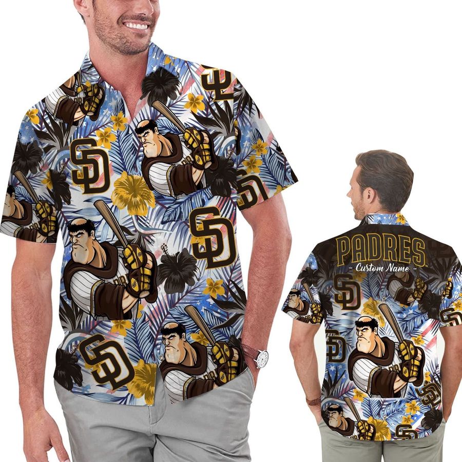 Funny San Diego Padres Tropical Floral America Flag Custom Name Personalized Men Women Aloha Hawaiian Shirt Short For Football Lovers