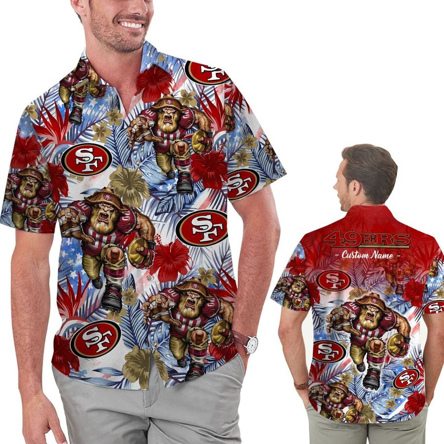Funny San Francisco 49ers Tropical Floral America Flag Custom Name P49ersonalized Men Women Aloha Hawaiian Shirt Short For Football Lov49ers
