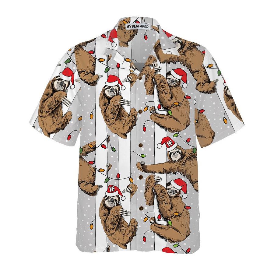 Funny Sloth In Santa Hat Grey Christmas Hawaiian Shirt