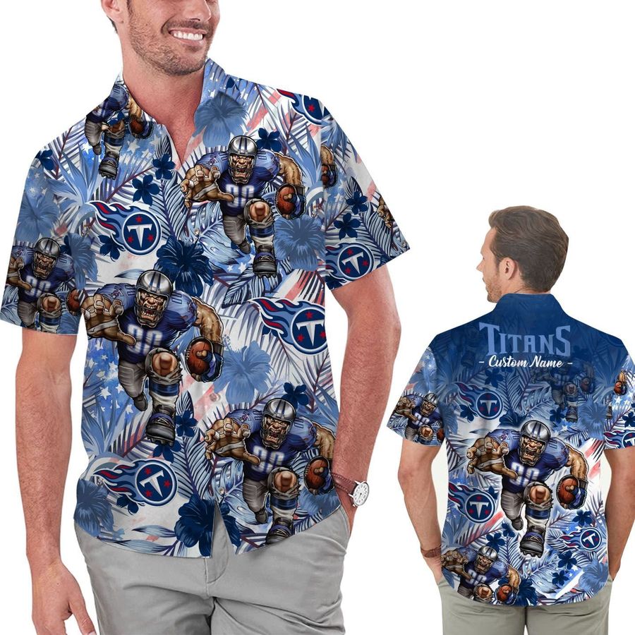 Funny Tennessee Titans Tropical Floral America Flag Custom Name Personalized Men Women Aloha Hawaiian Shirt Short For Football Lovers