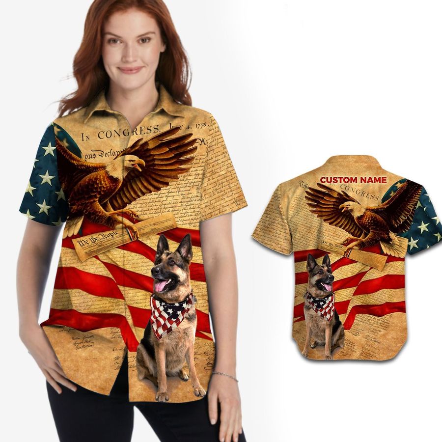 German Shepherd Independence Day Patriot Vintage Custom Name Women Hawaiian Shirt