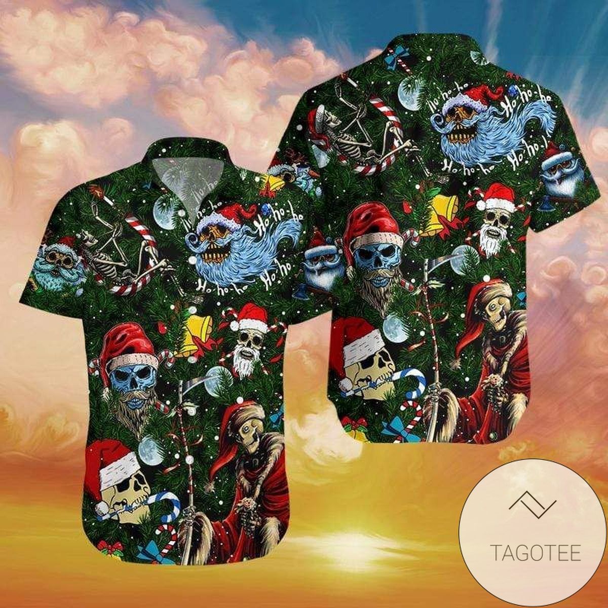Get Here Christmas Ho Ho Ho Santa Skull Green Hawaiian Aloha Shirts