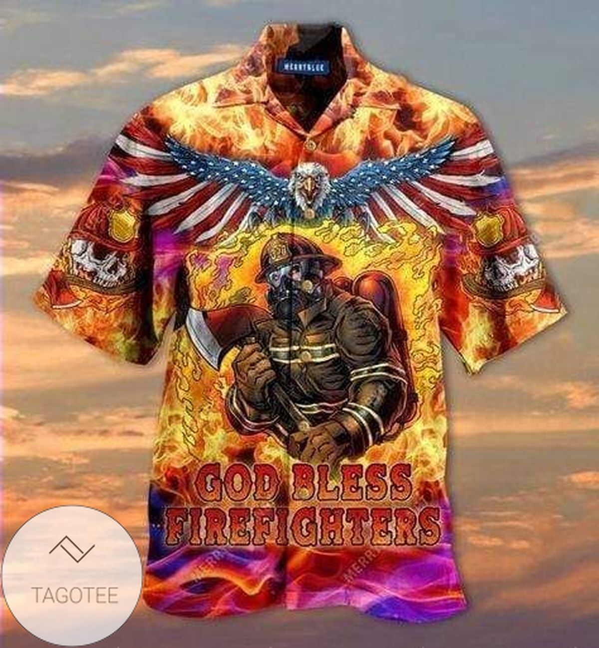 Get Here Hawaiian Aloha Shirts God Bless Firefighters Skull