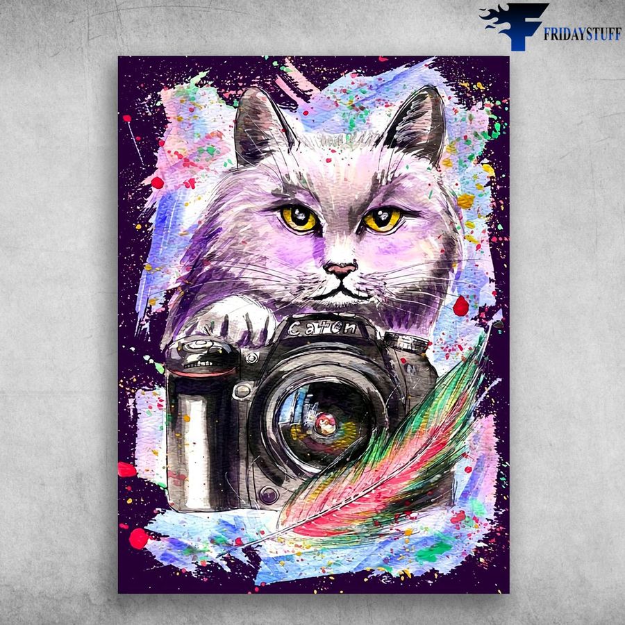 Gift For Photographer, Cat Lover, Camera Cat Poster Home Decor Poster Canvas