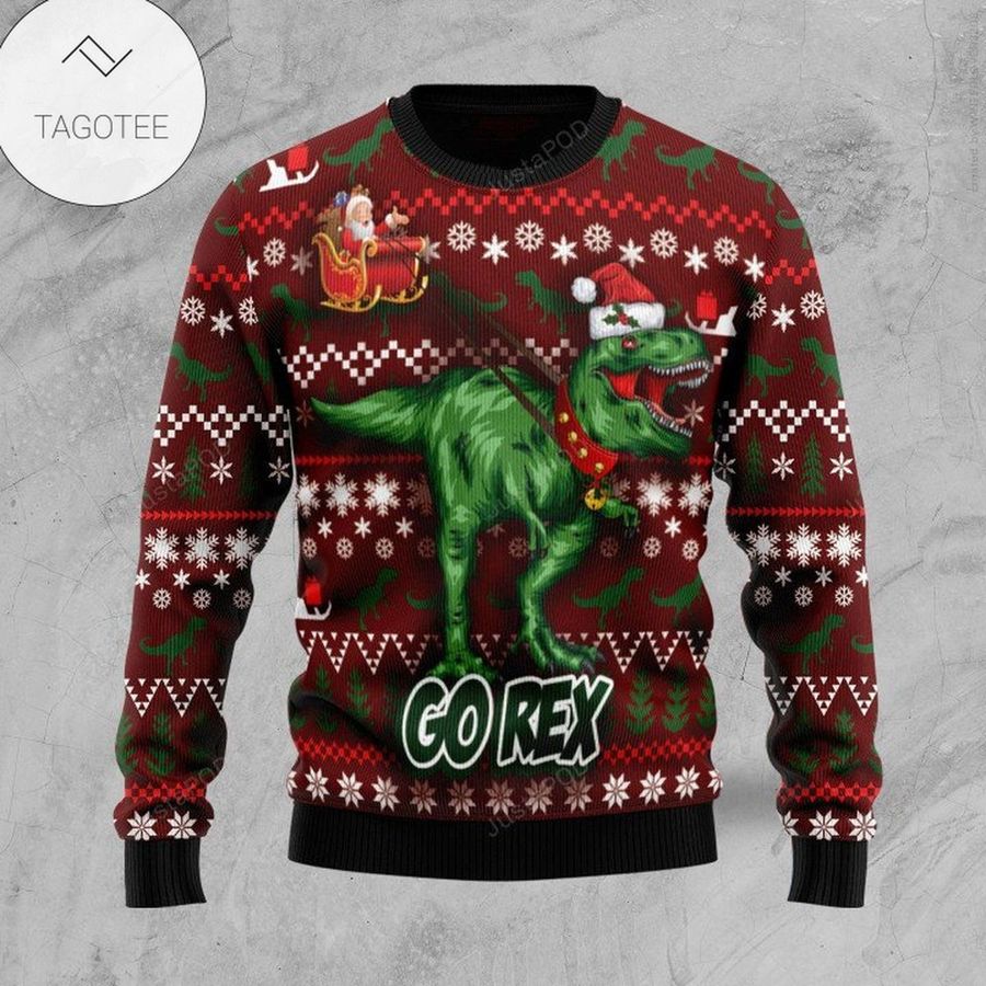 Go Rex Santa Sleigh Dinosaur Ugly Sweater