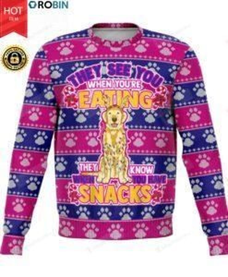 Golden Retriever See You Eating Snacks For Unisex Ugly Christmas Sweater, All Over Print