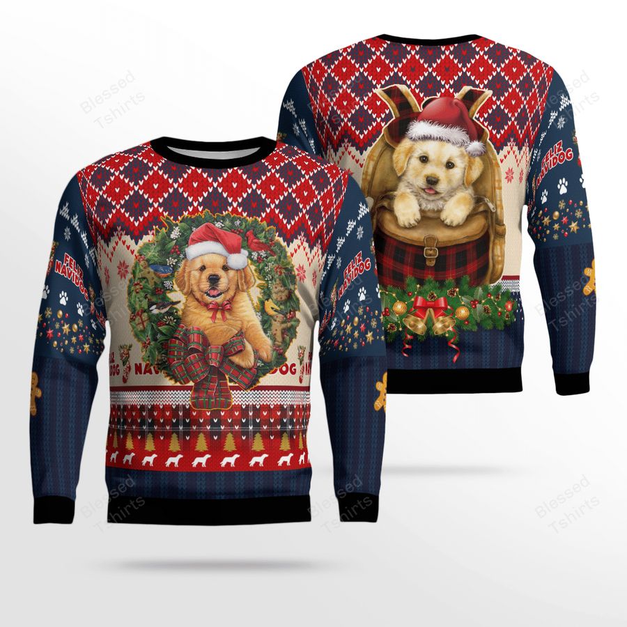 Golden Retriever with Christmas wreath Ugly Sweater