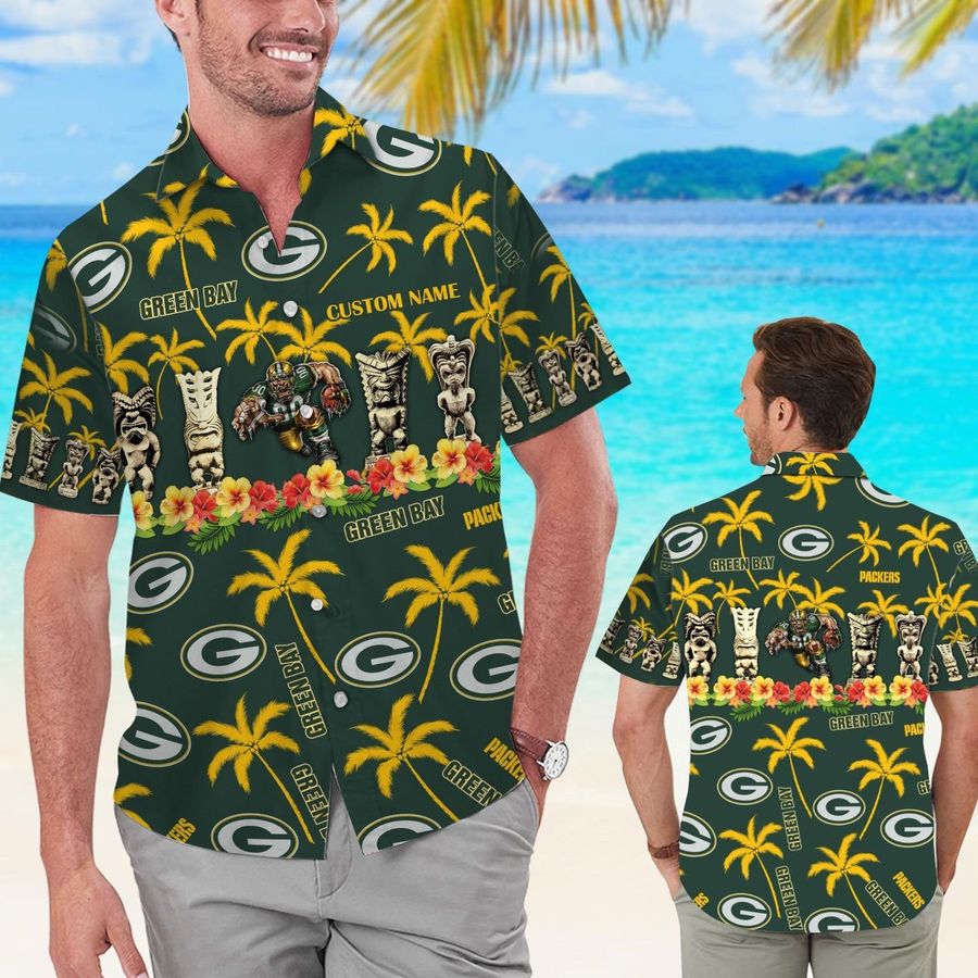 Green Bay Packers Custom Name Short Sleeve Button Up Tropical Aloha Hawaiian Shirts For Men Women