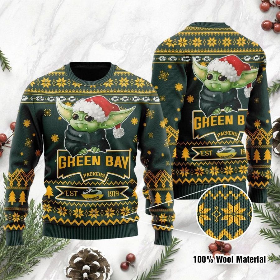 Green Bay Packers Cute Baby Yoda Grogu Ugly Christmas Sweater