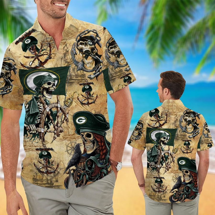 Green Bay Packers Pirates Aloha Hawaiian Button Up Shirt Retro Vintage Style Full Size For Sale