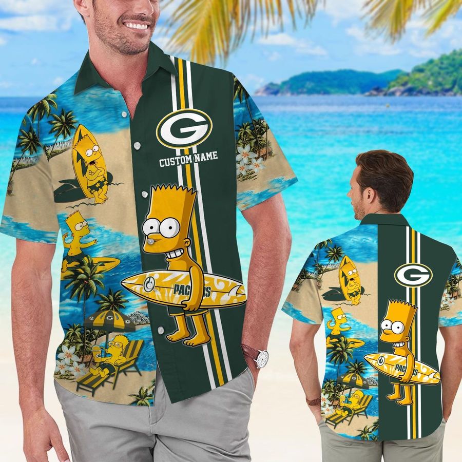 Green Bay Packers Simpsons Custom Name Short Sleeve Button Up Tropical Aloha Hawaiian Shirts For Men Women