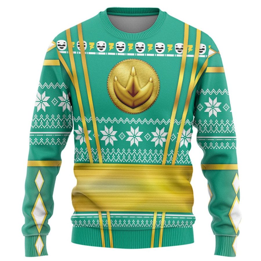 Green Mighty Morphin Power Rangers logo Ugly Sweater