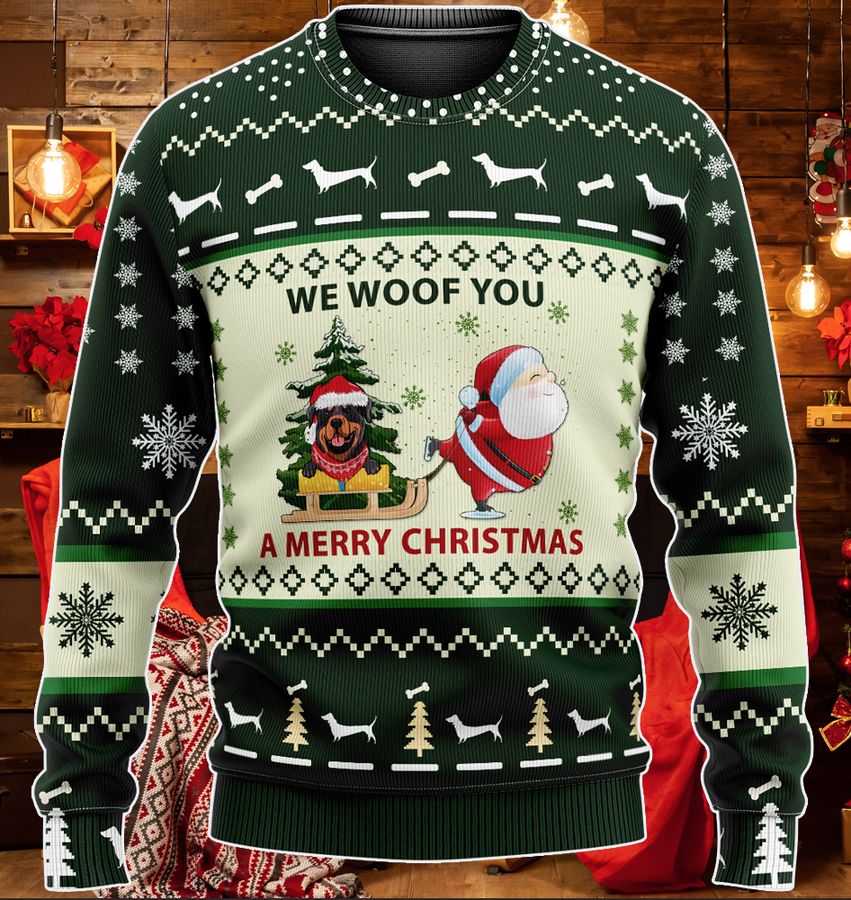 Green Red Rottweiler We Woof You A Merry Christmas ugly Sweater and Hoodie
