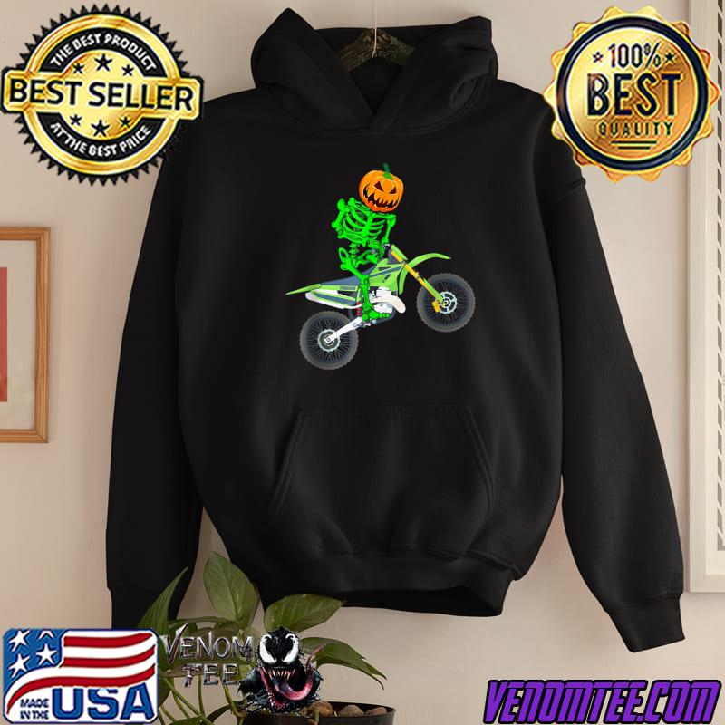 Green Skeleton Dirt Bike Halloween Pumpkin Motocross Biker T-Shirt