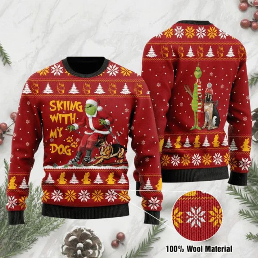 Grinch Skiing With My Dog Ugly Christmas Happy Xmas Wool Knitted Sweater
