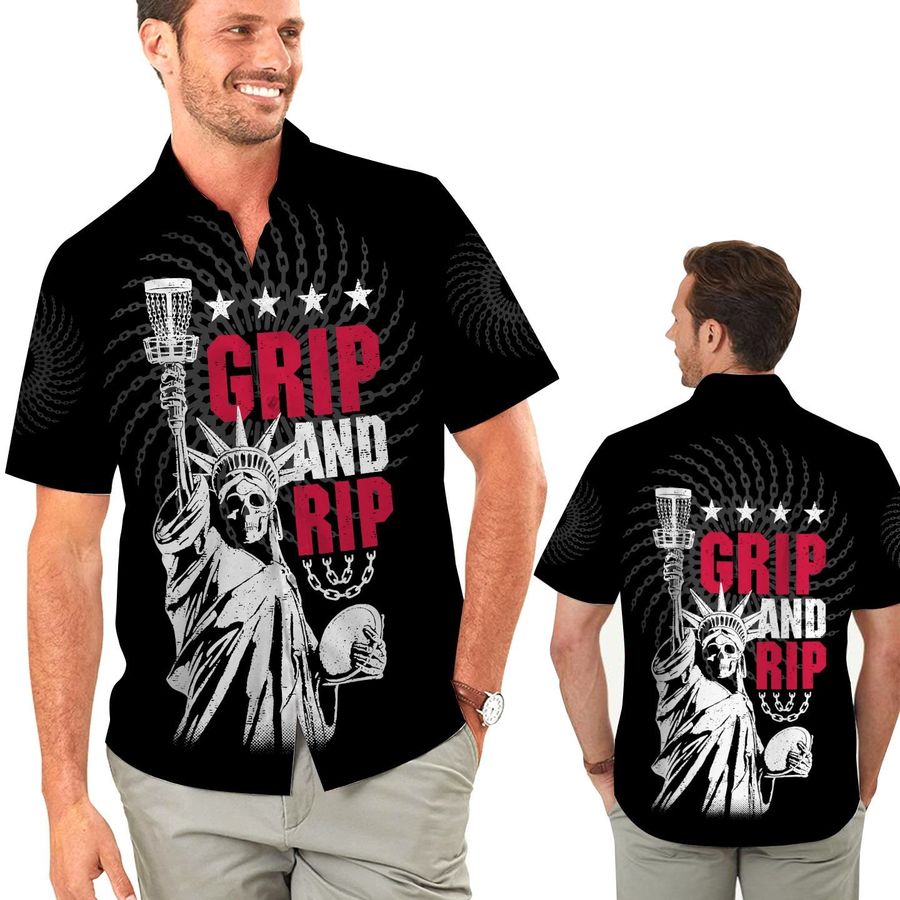 Grip And Rip Disc Golf Statue Of Liberty Skeleton Men Hawaiian Shirt For Disc Golfers