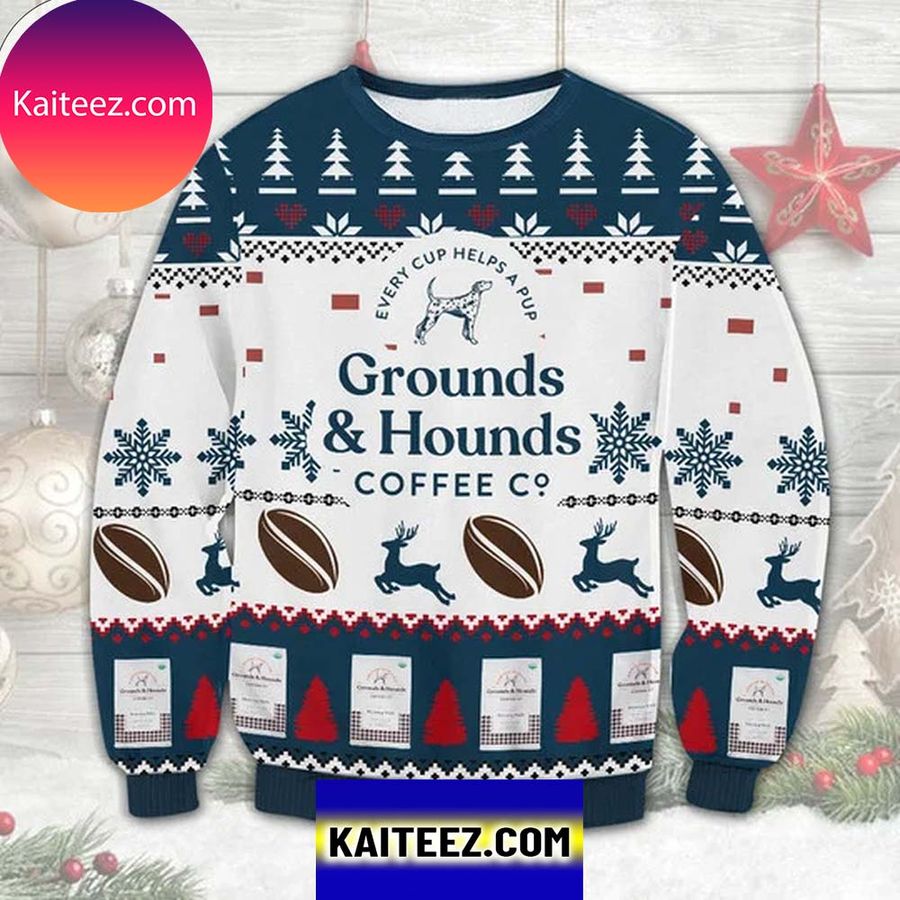 Grounds &amp Hounds Coffee 3D Christmas Ugly Sweater