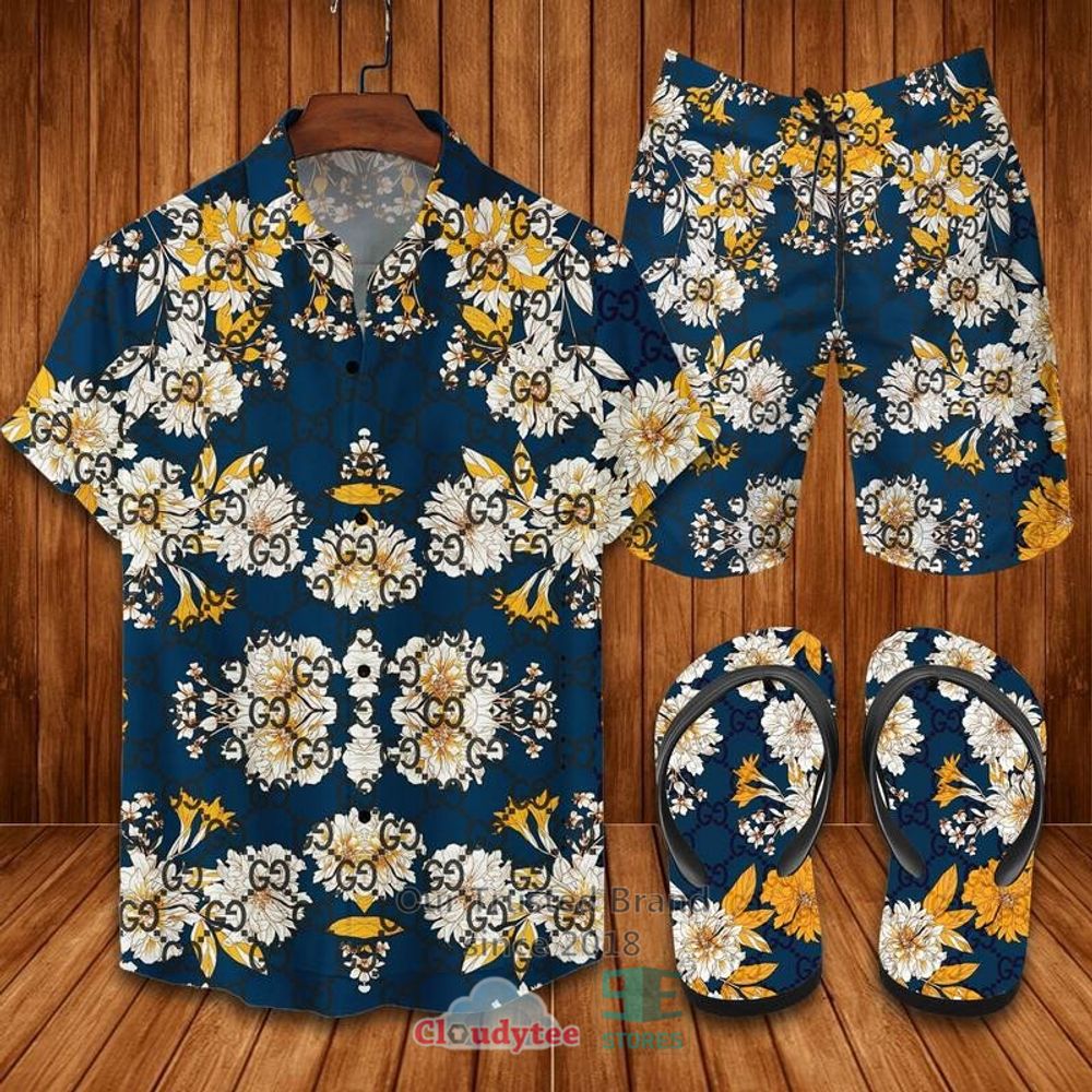 Gucci Flower-Navy Hawaiian Shirt, Short, Flip-Flops – LIMITED EDITION