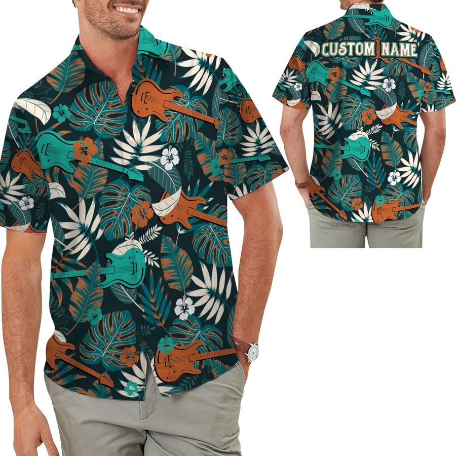 Guitars Image Tropical Floral Custom Name Men Button Up Aloha Hawaiian Shirt Personalized Gifts For Guitarist Lovers