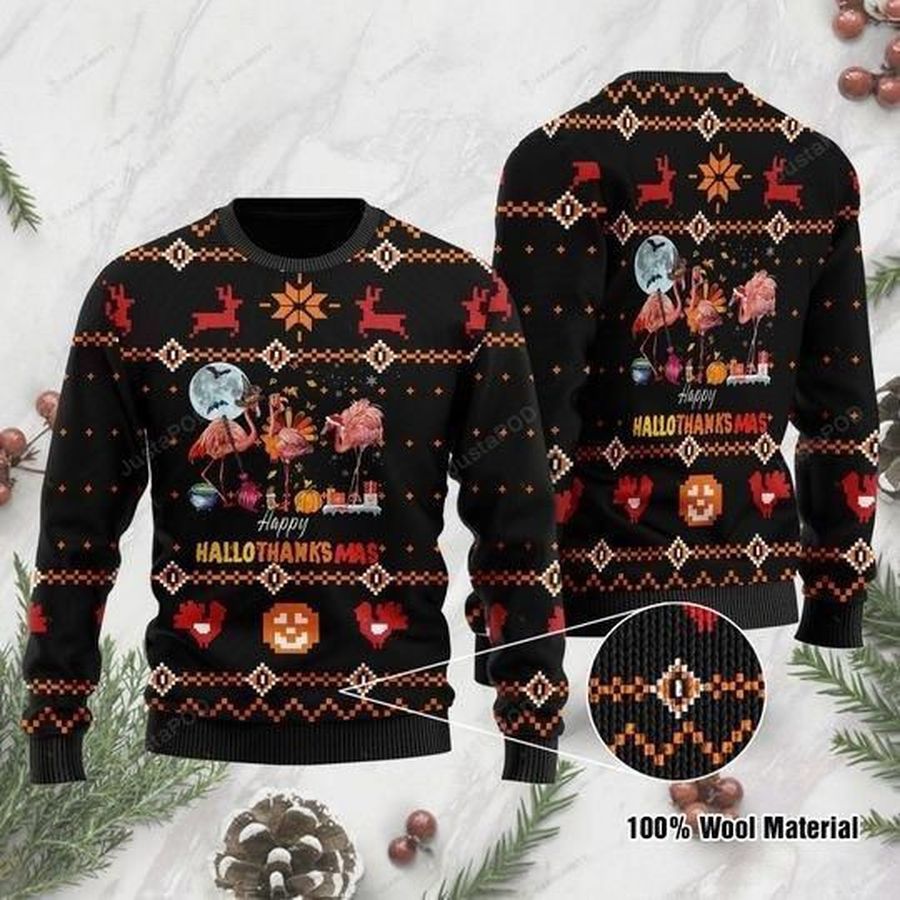 Hallothanksmas Flamingos Ugly Christmas Sweater All Over Print Sweatshirt Ugly