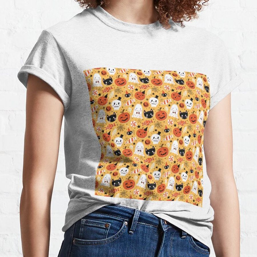 Halloween Pattern Of Cat Ghost And Pumpkins Classic T-Shirt