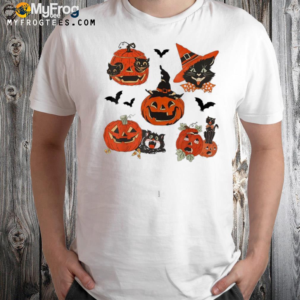 Halloween Retro Pumpkins Black Cats T-Shirt