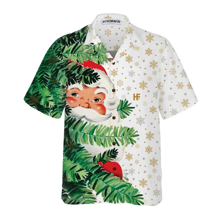Hi Santa Behind Christmas Tree Hawaiian Shirt