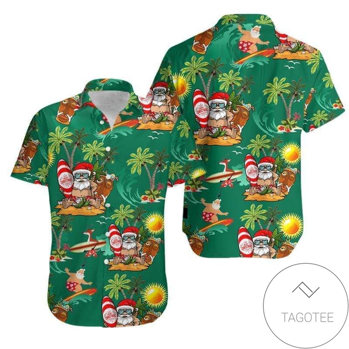 High Quality Santa On Beach Green Hawaiian Aloha Shirts