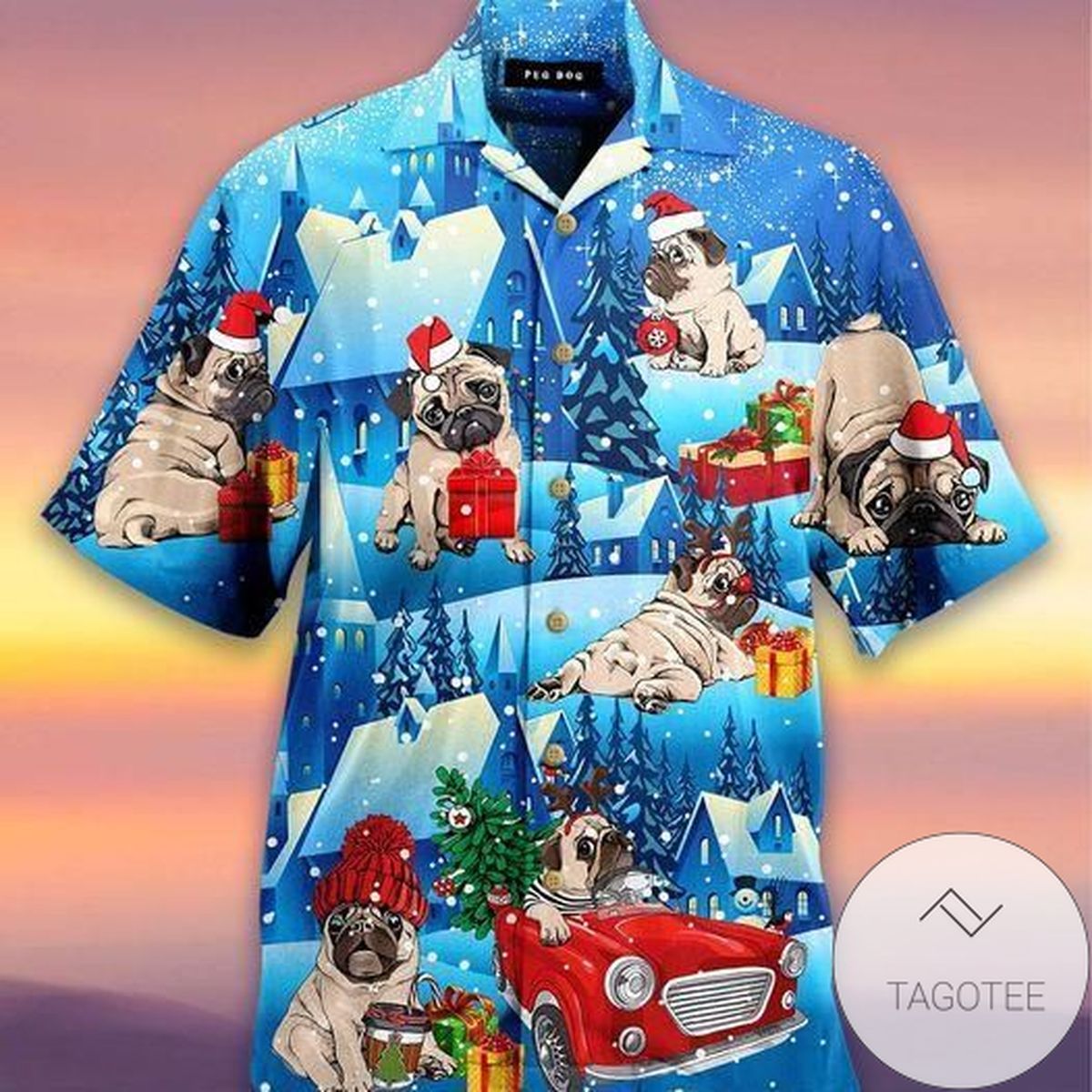 High Quality So Cute Santa Pug Snowy Blue Hawaiian Aloha Shirts