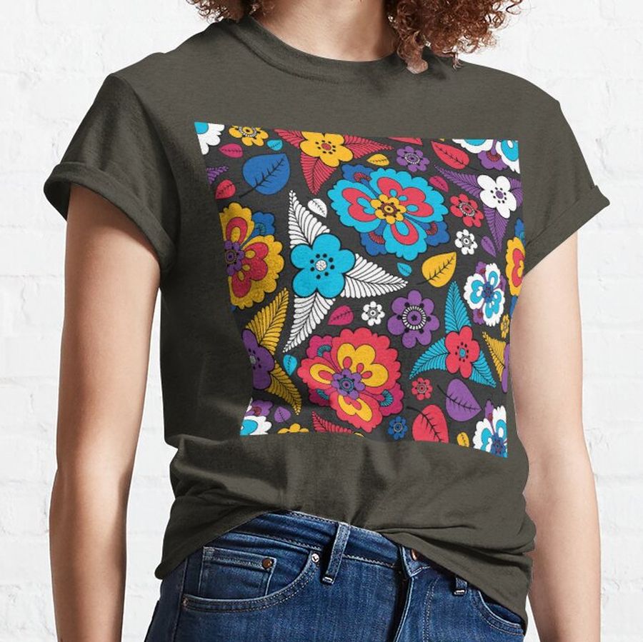 hippie aesthetic 1970s colorful leaves and flowers pattern Classic T-Shirt