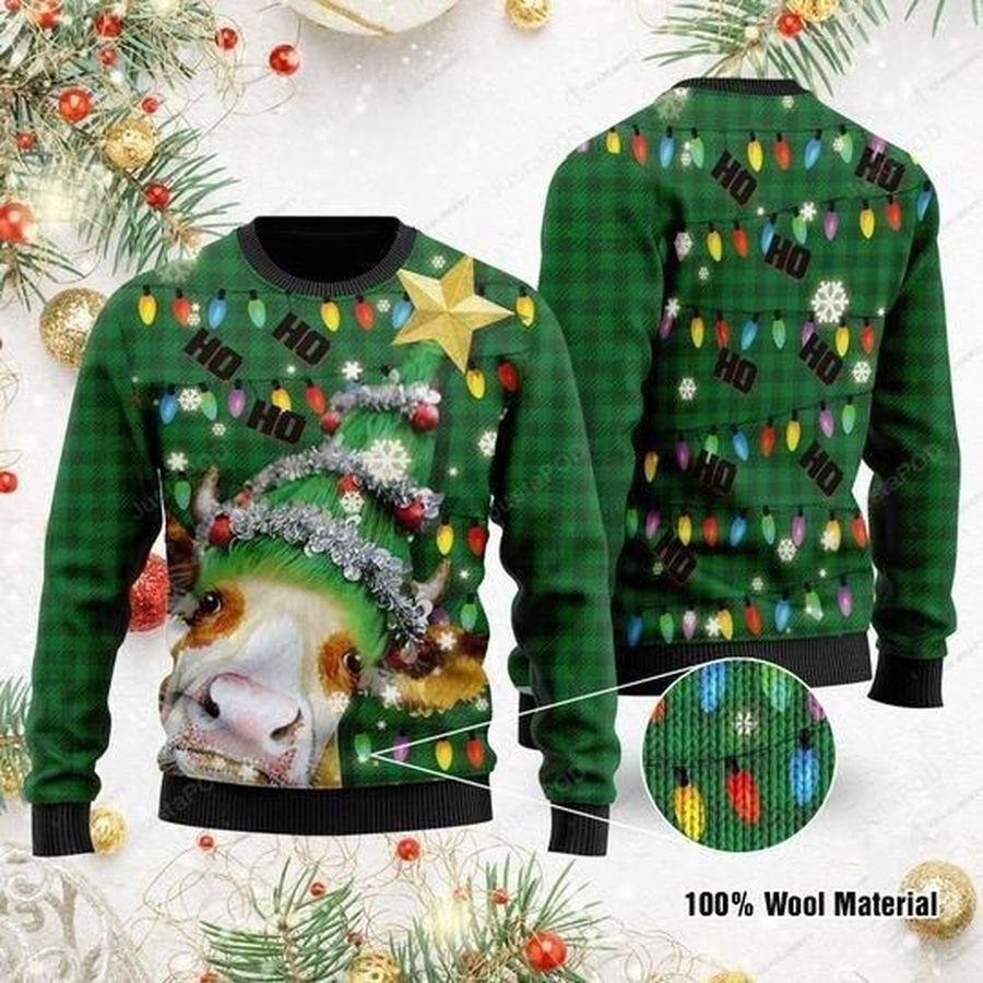 Ho Ho Ho Cow Christmas Tree Ugly Christmas Sweater All