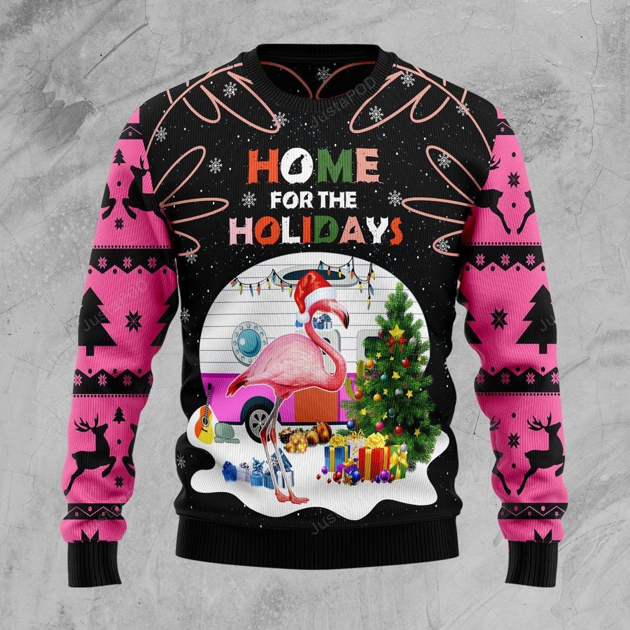 Home For The Holidays Flamingo Ugly Christmas Sweater All Over