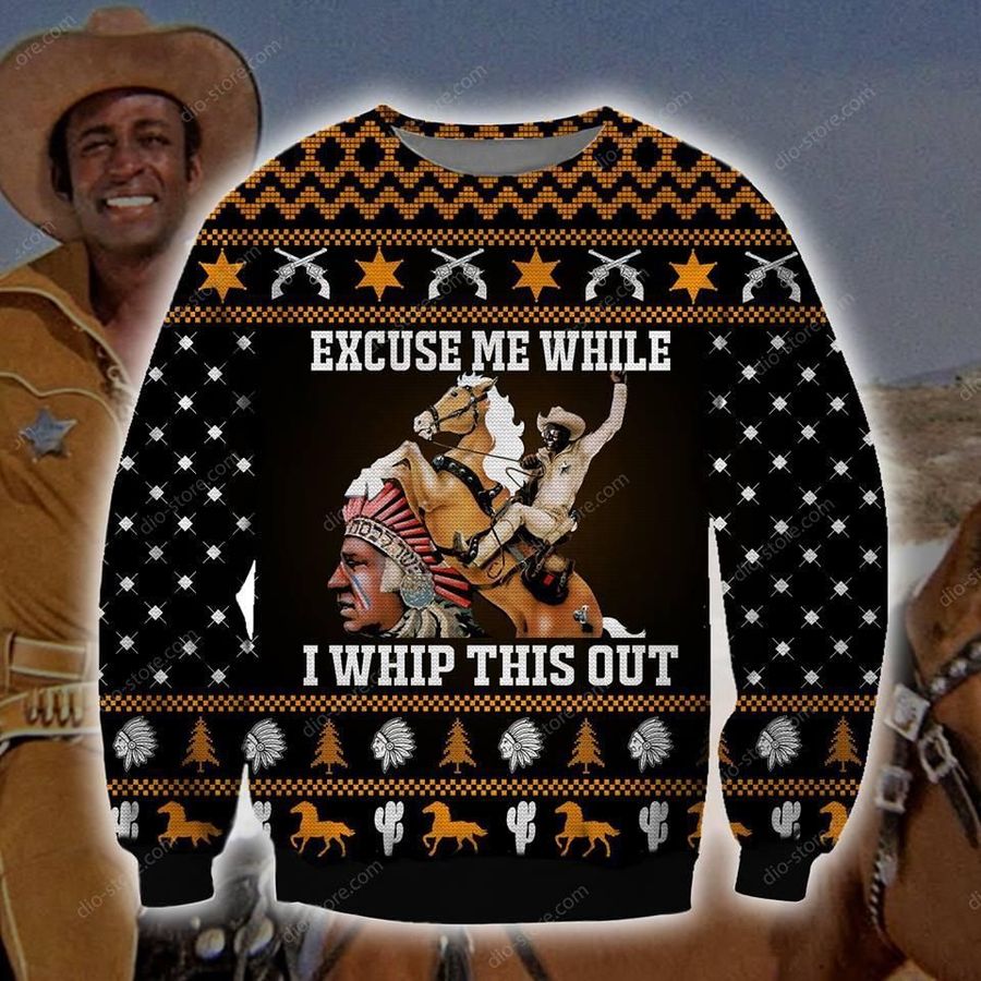 Horse American Ethnic Trible Excuse Me While I Whip This Out Cleavon Little Knitting Pattern For Unisex Ugly Christmas Sweater, Christmas Sweaters