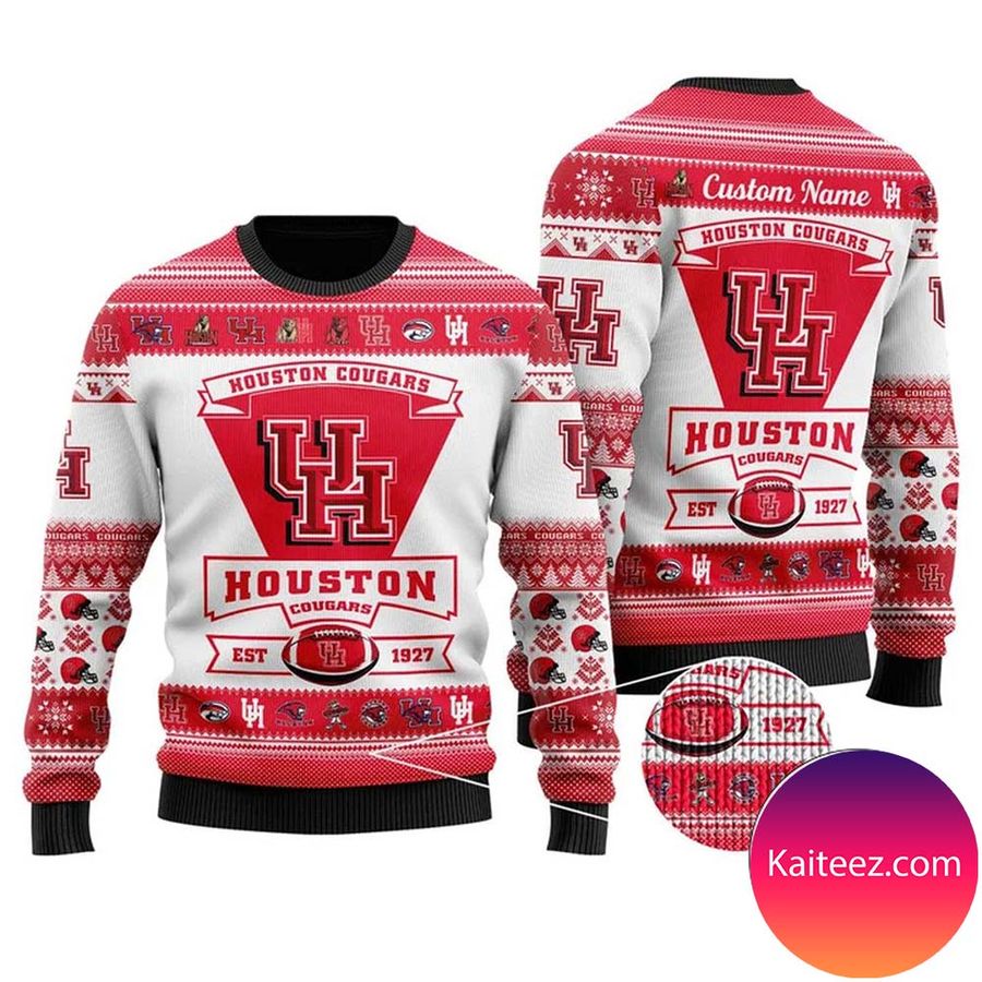 Houston Cougars Football Team Logo Custom Name Personalized Christmas Ugly Sweater