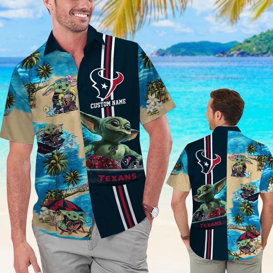 Houston Texans Baby Yoda Custom Name Short Sleeve Button Up Tropical Aloha Hawaiian Shirts For Men Women
