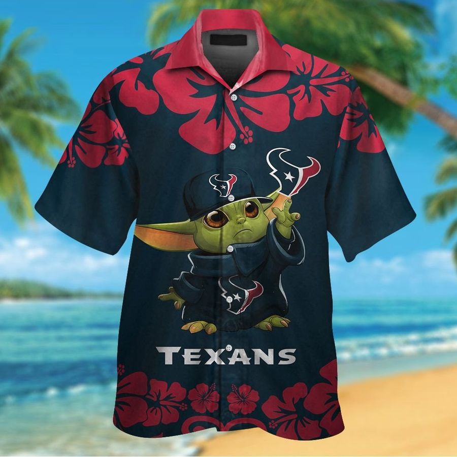Houston Texans Baby Yoda Short Sleeve Button Up Tropical Aloha Hawaiian Shirts For Men Women
